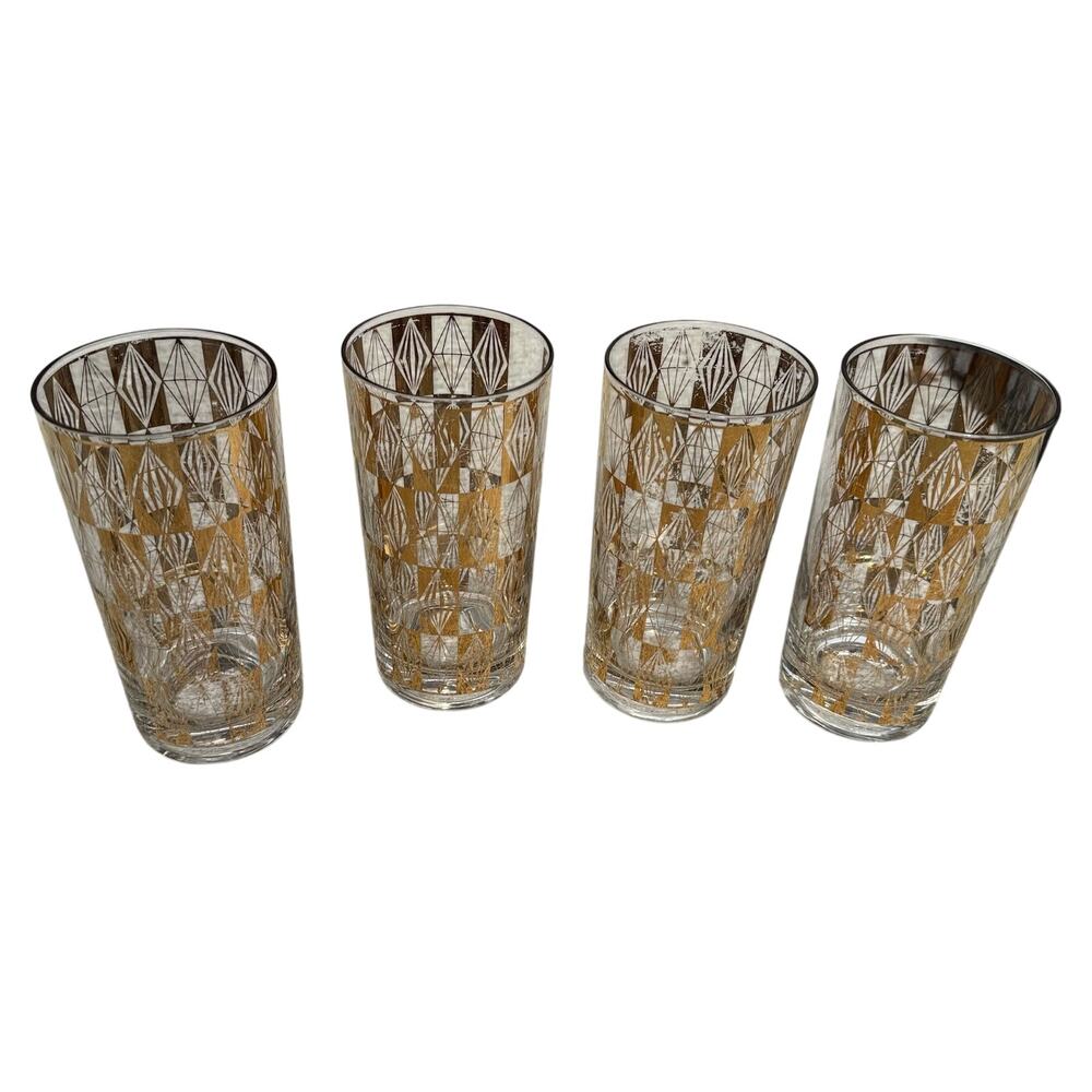 4 Vintage Mid Century MCM Gold Reflective Diamond Print Glasses Tumblers - READ